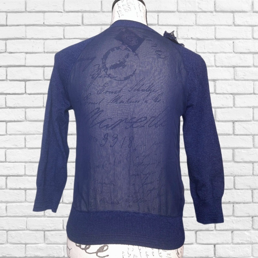 Juicy Couture Navy Blue Ruffle Lace Sheer Script Back Cardigan Sweater Womens S - Picture 3 of 6